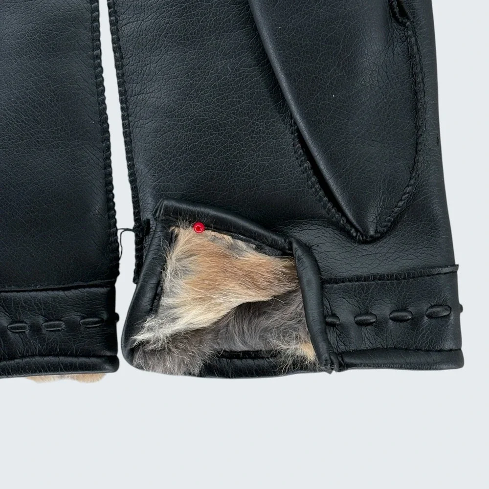 Leather Unisex Gloves Size M Black Dress Soft Rabbit Fur Lined Cuffs Classic